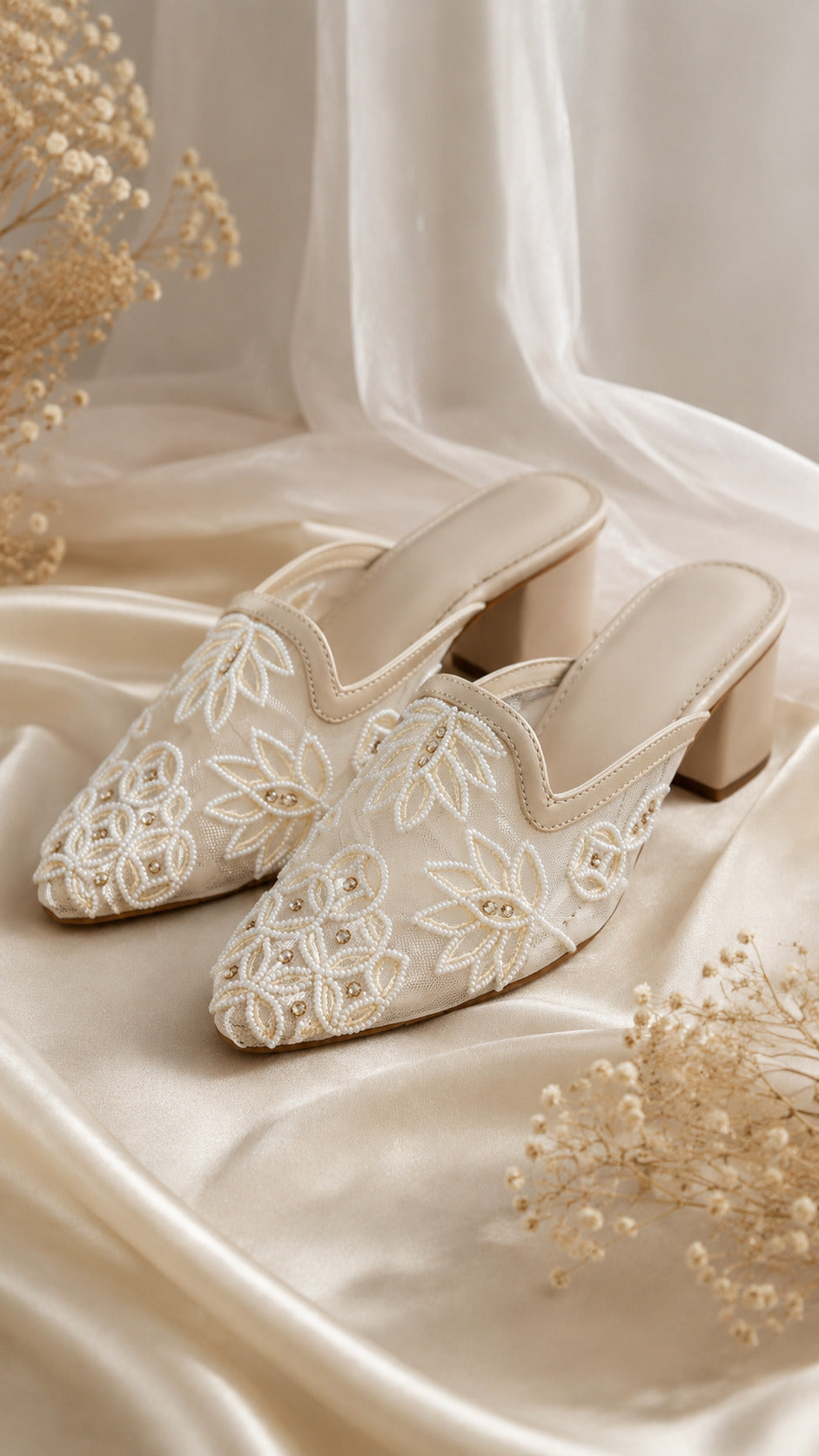 Pearl Mesh Embroidery Block Heels | 2 Inches