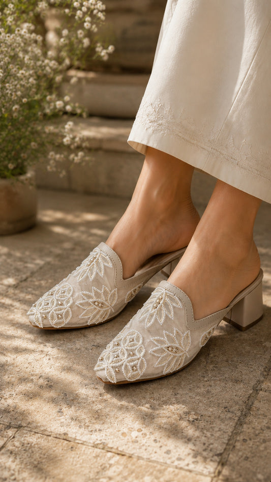 Pearl Mesh Embroidery Block Heels