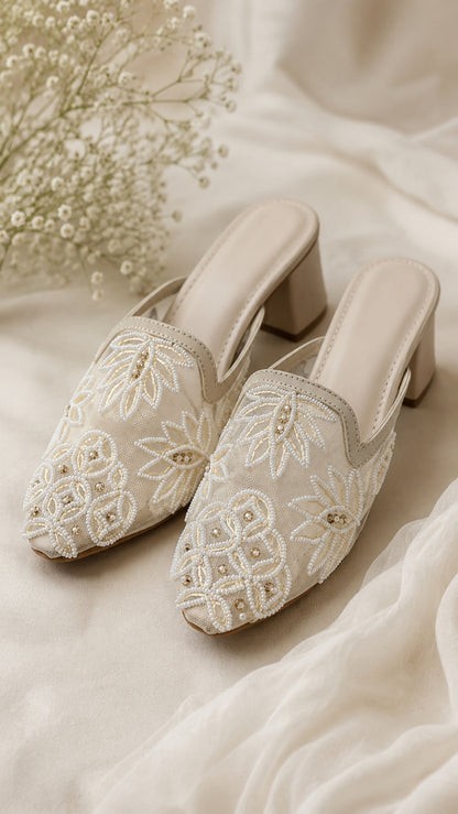 Pearl Mesh Embroidery Block Heels | 2 Inches