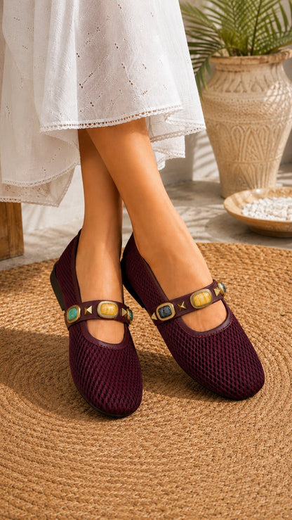 Mesh Gemstone Mary Janes Ballerinas - Vine