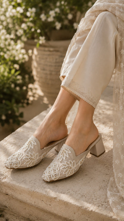 Pearl Mesh Embroidery Block Heels | 2 Inches