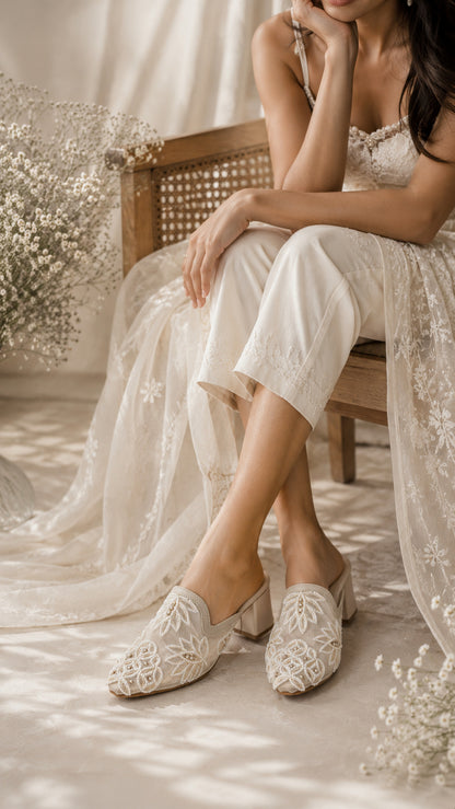 Pearl Mesh Embroidery Block Heels | 2 Inches