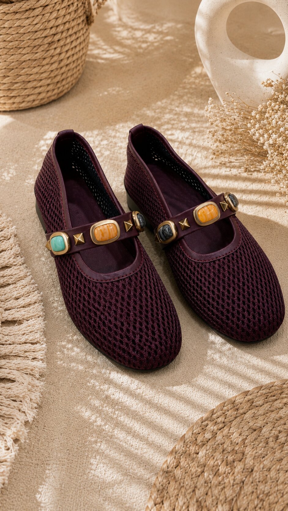 Mesh Gemstone Mary Janes Ballerinas - Vine