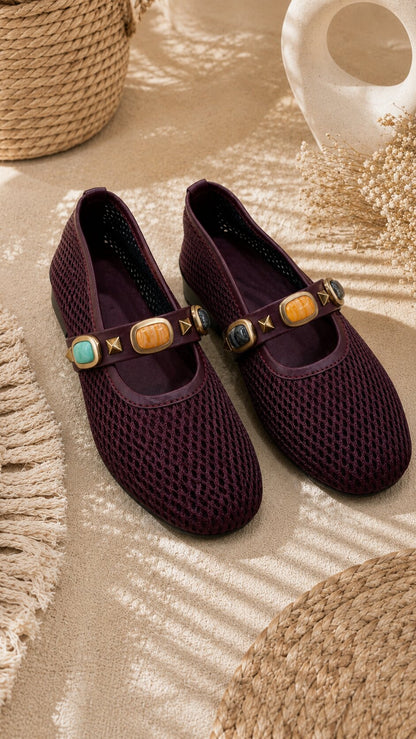 Mesh Gemstone Mary Janes Ballerinas - Vine