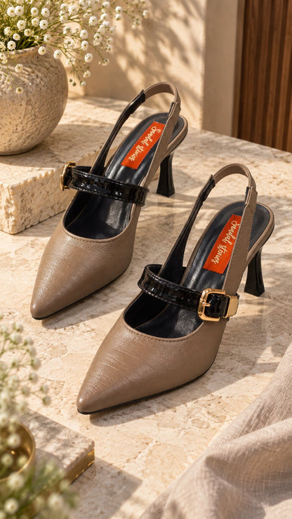 Taupe Parisian Buckle Slingback Heels