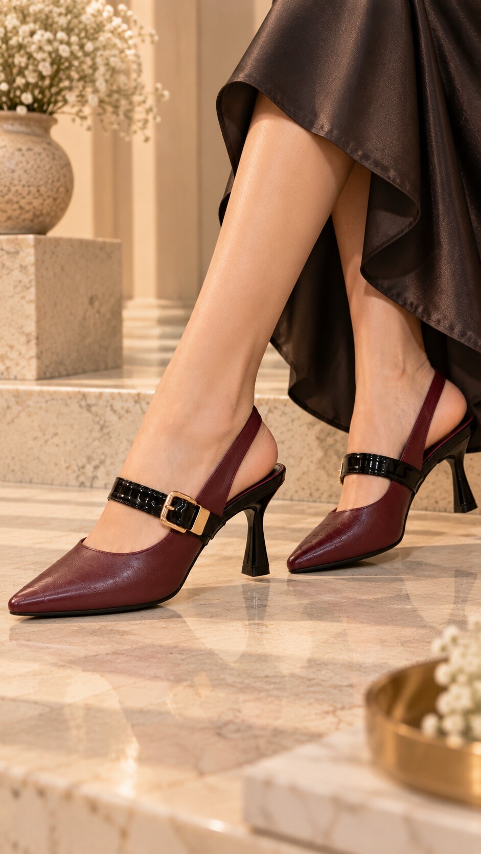 Burgundy Luxe Buckle Slingback Heels | 2 Inches