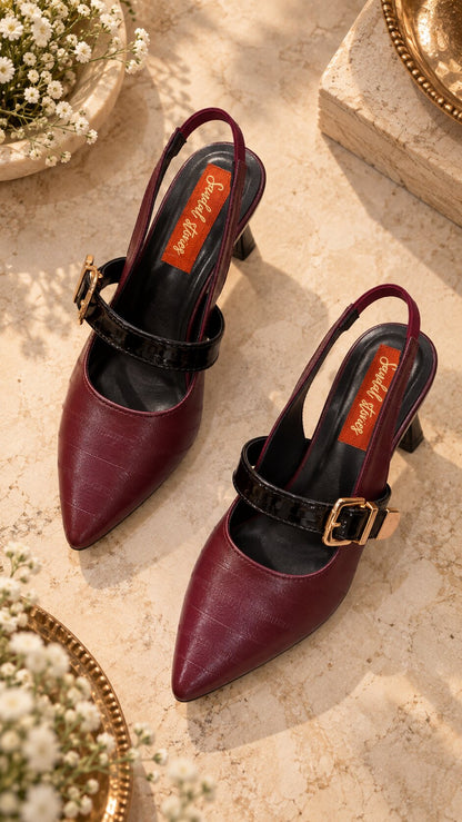 Burgundy Luxe Buckle Slingback Heels | 2 Inches