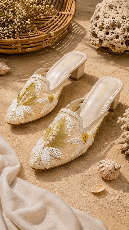 Ivory Bloom Mesh Embroidered Block Heels | 2 Inch