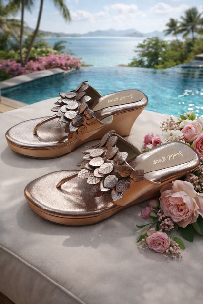 Rose Gold Leaf Wedge Sandals – 3 Inch Heel