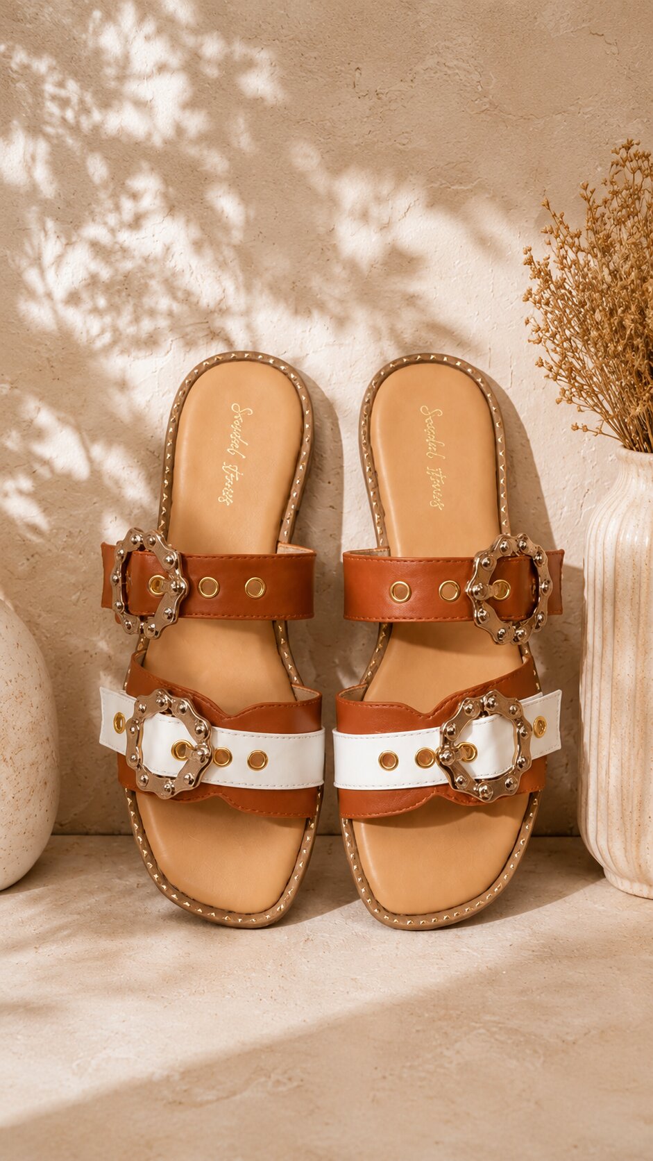 Noor Tan & White Buckle Flats