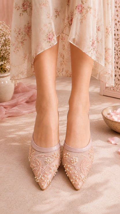 Pearl Bloom Embroidered Kitten Heels - Pink