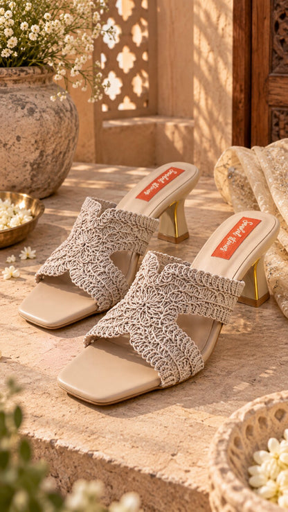 Beige Bloom Woven Heels | 2 Inches