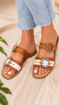 Noor Tan & White Buckle Flats