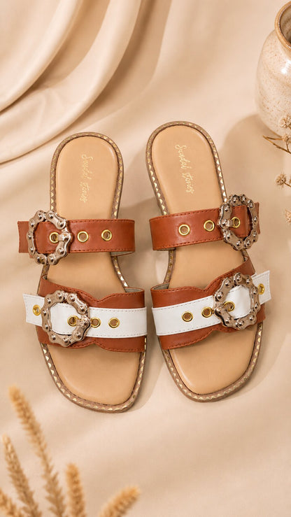 Noor Tan & White Buckle Flats
