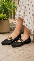 Mesh Gemstone Mary Janes Ballerinas - Midnight Black