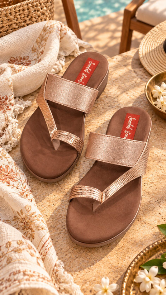 Metallic Rose Gold Cross-Strap Comfort Wedges | 2 Inches