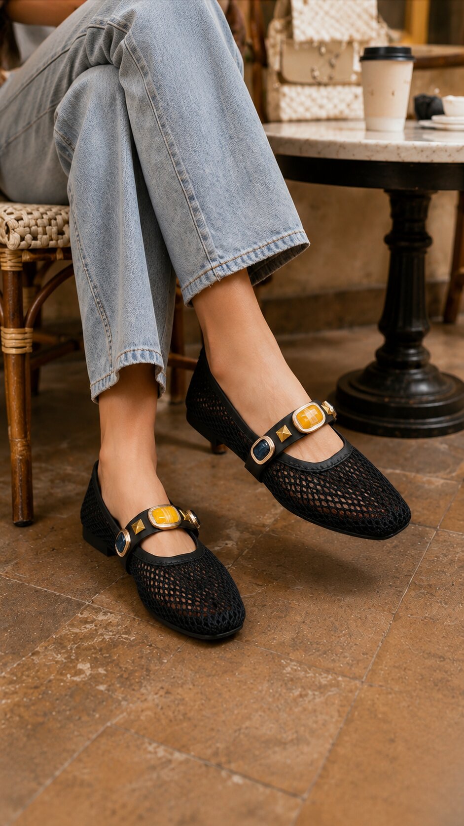 Mesh Gemstone Mary Janes Ballerinas - Midnight Black