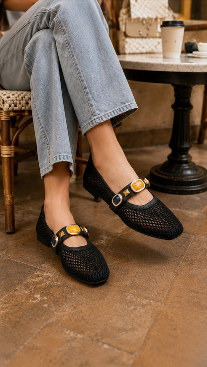 Mesh Gemstone Mary Janes Ballerinas - Midnight Black