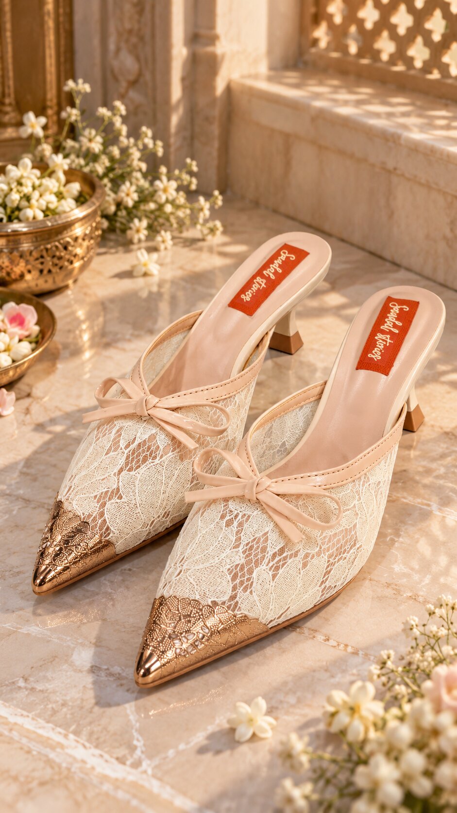 Lace Bow Pointed Mules - Cream | Kitten Heels