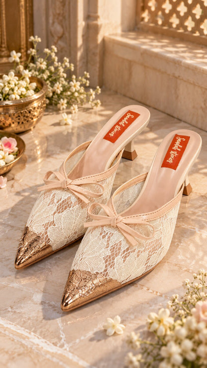 Lace Bow Pointed Mules - Cream | Kitten Heels