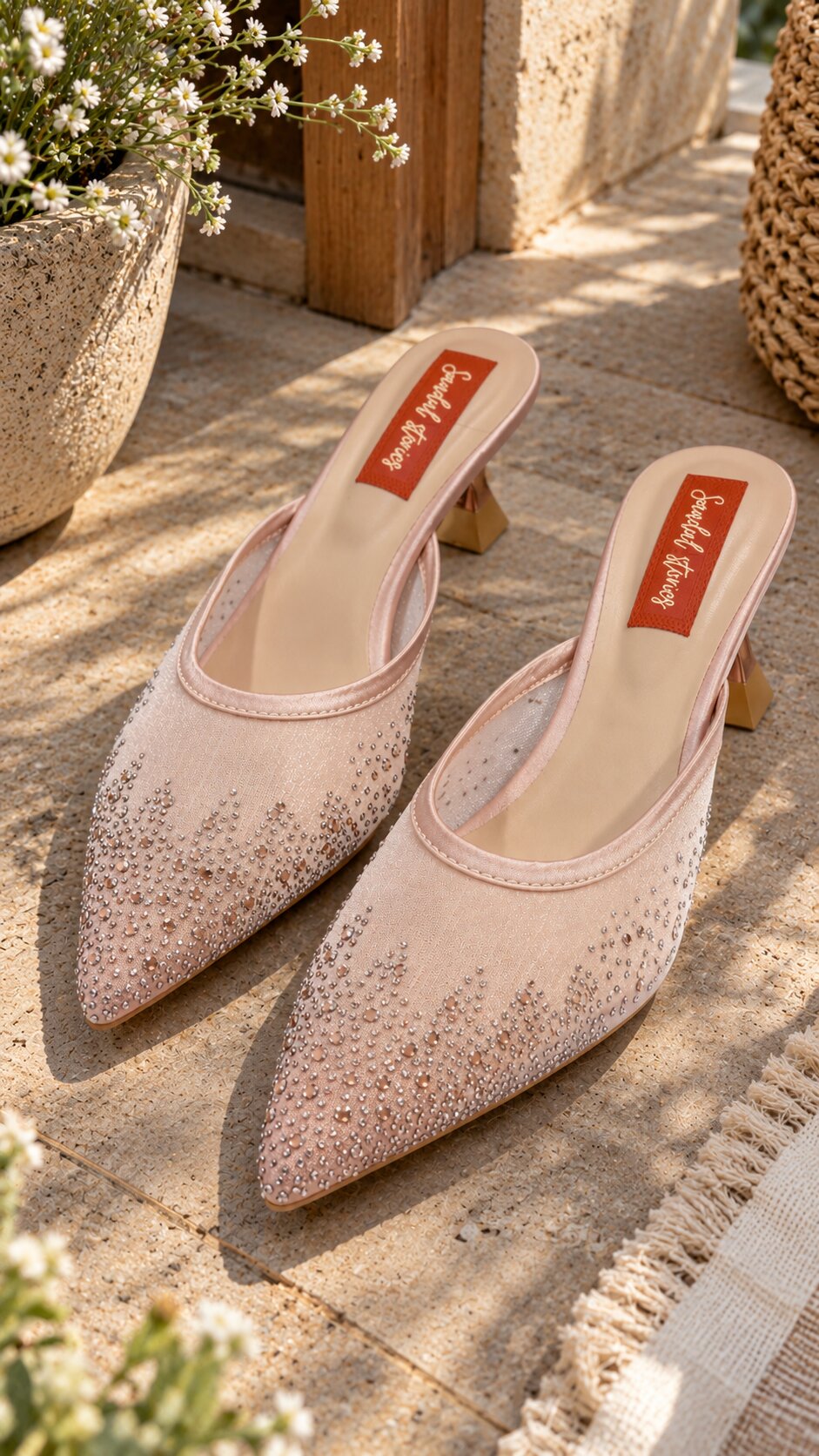 Rose Sparkle Mesh Mules | 2 Inch Kitten Heels