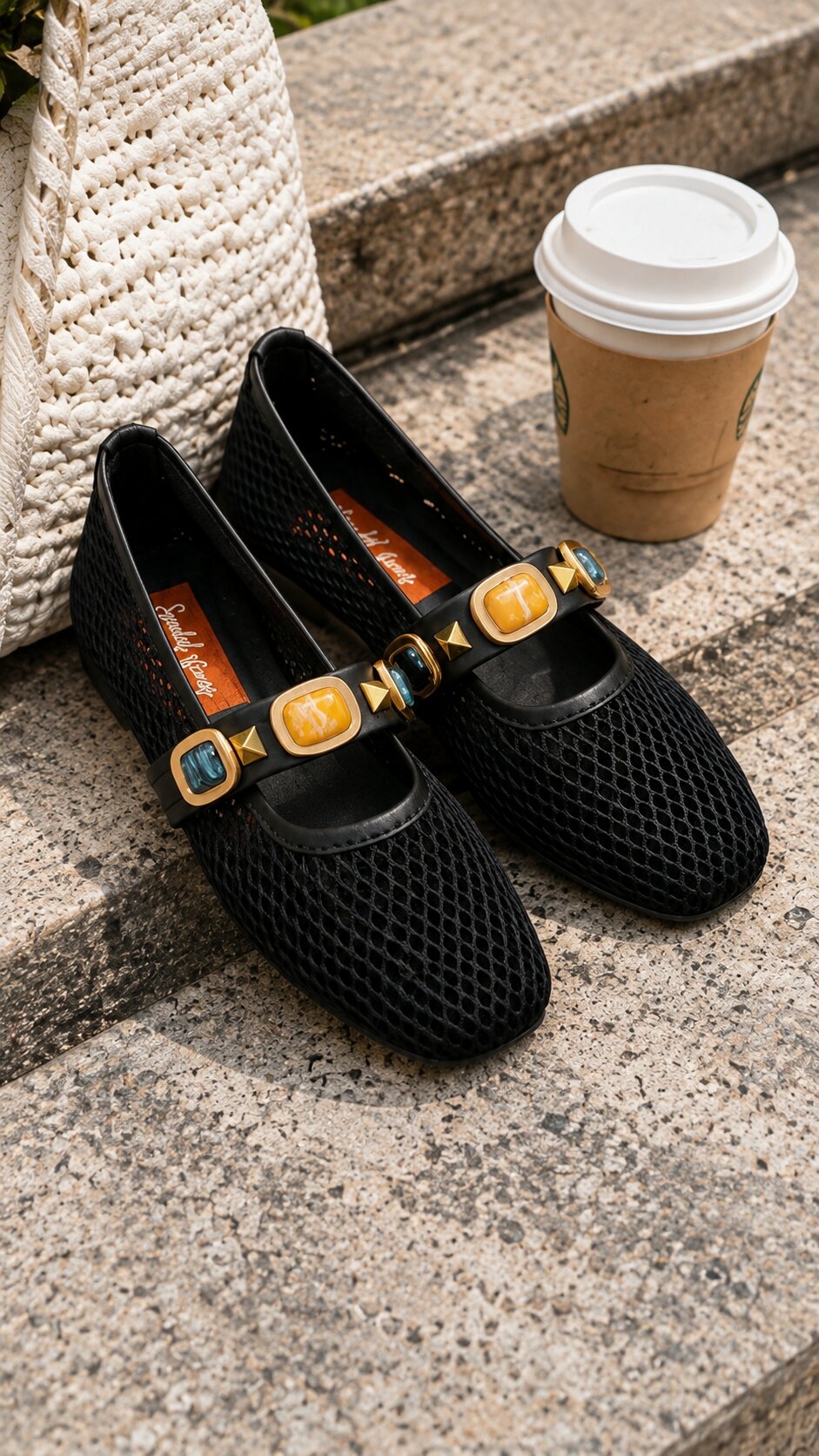 Mesh Gemstone Mary Janes Ballerinas - Midnight Black