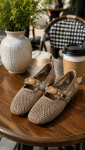 Mesh Gemstone Mary Janes Ballerinas - Nude