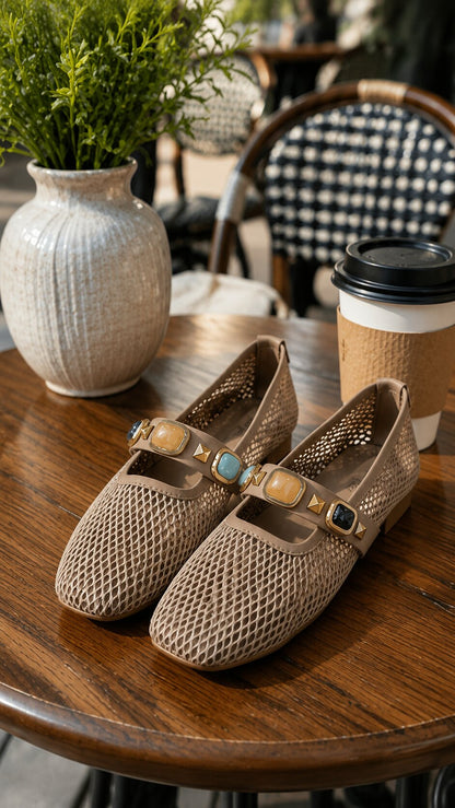 Mesh Gemstone Mary Janes Ballerinas - Nude