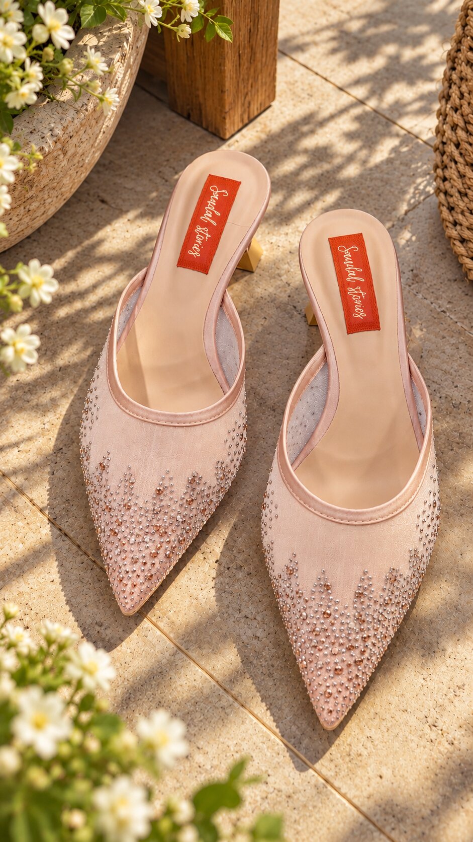 Rose Sparkle Mesh Mules | 2 Inch Kitten Heels