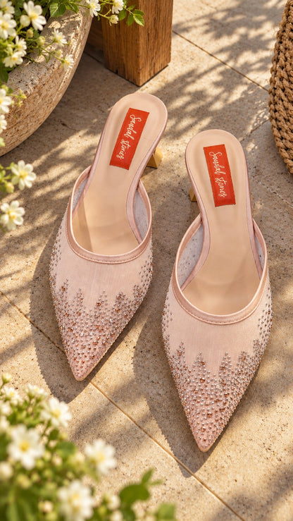Rose Sparkle Mesh Mules | 2 Inch Kitten Heels