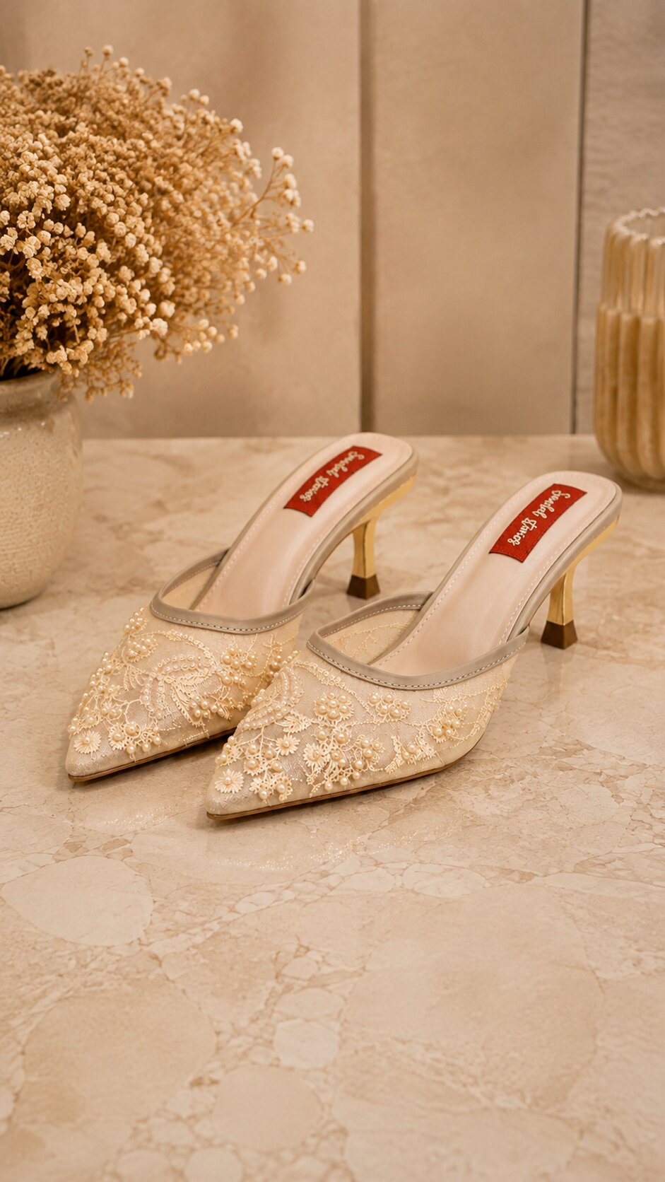 Pearl Bloom Embroidered Kitten Heels