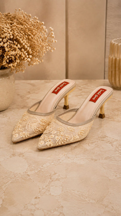 Pearl Bloom Embroidered Kitten Heels