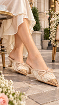 Lace Bow Pointed Mules - Cream | Kitten Heels