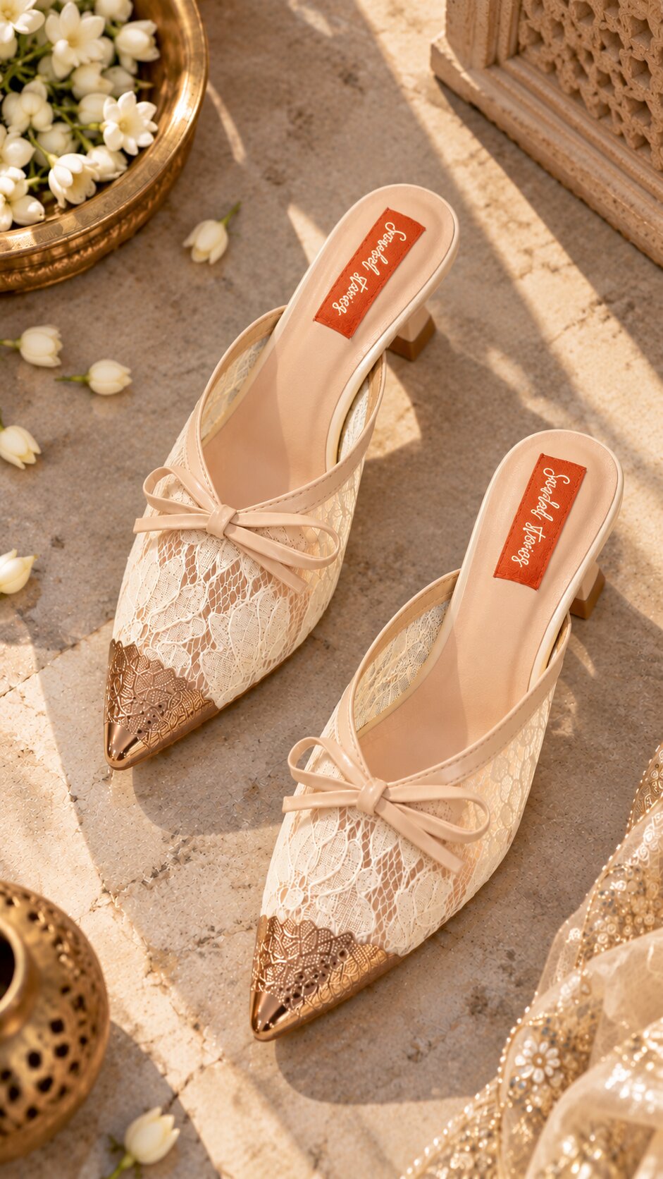 Lace Bow Pointed Mules - Cream | Kitten Heels