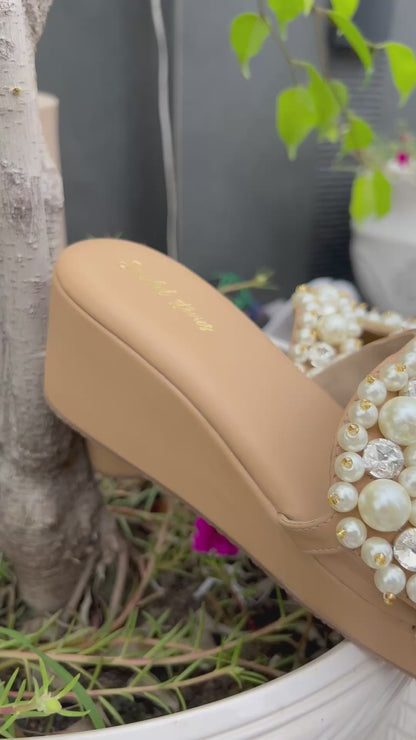 Pearl & Crystal C Shape Nude Wedges