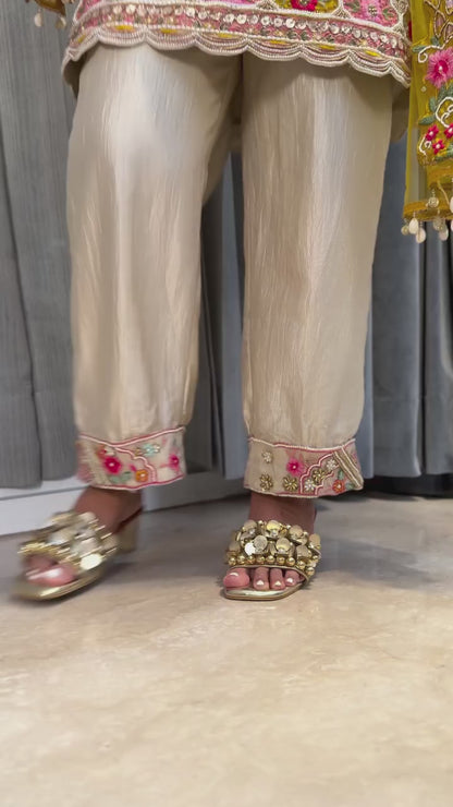 Mettalic Gold Embellished 3D Flower Block Heels