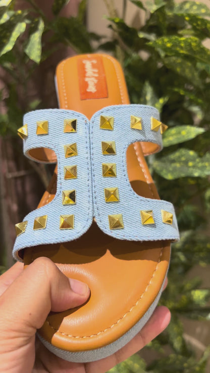 Light Blue Studded Denim Wedges