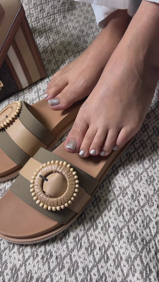 Beige Buckle Accent Slides