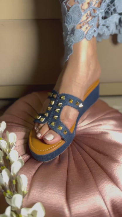 Dark Blue Denim Studded Wedges