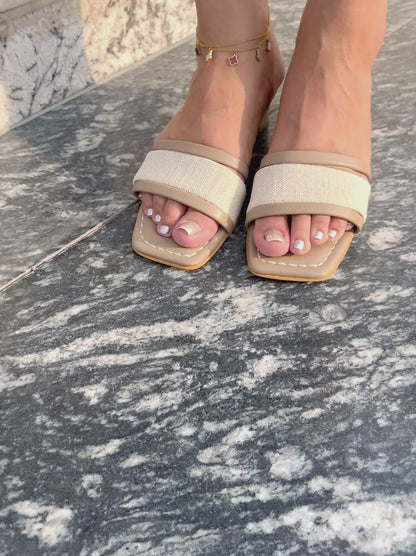 Beige Textured Low Block Heel