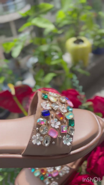 Multicolor Jewel-Embellished Nude Wedges