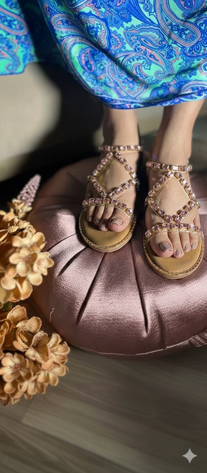 Rose Gold Crystal Luxe Flats with Back Elastic