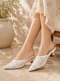Ivory Lace Pointed-Toe Kitten Heel Mules