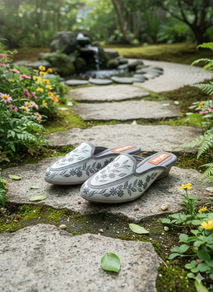 Flora Grey Embroidered Mules