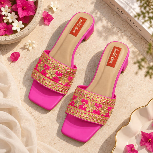 Pink Zari Block Heels