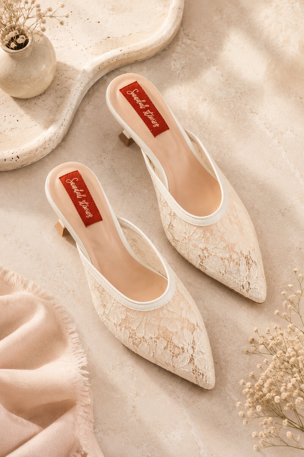 Ivory Lace Pointed-Toe Kitten Heel Mules