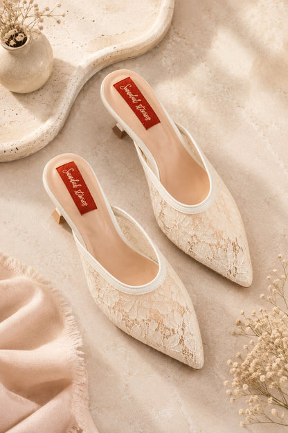 Ivory Lace Pointed-Toe Kitten Heel Mules