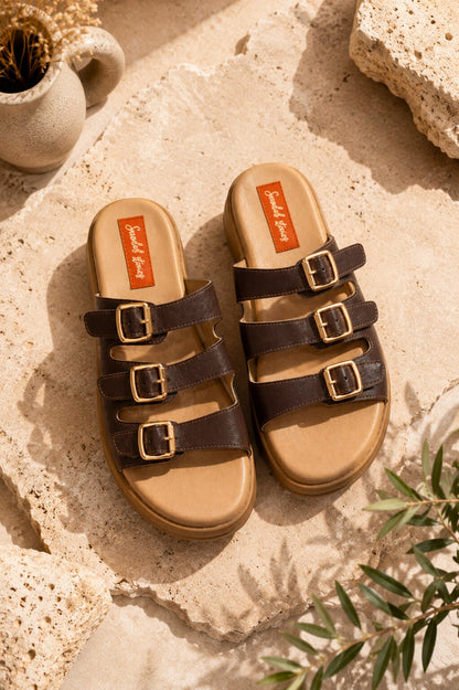 Mocha Luxe Triple-Buckle Sandals