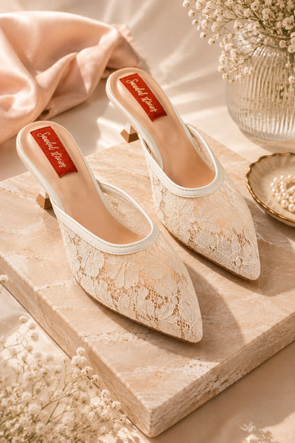 Ivory Lace Pointed-Toe Kitten Heel Mules
