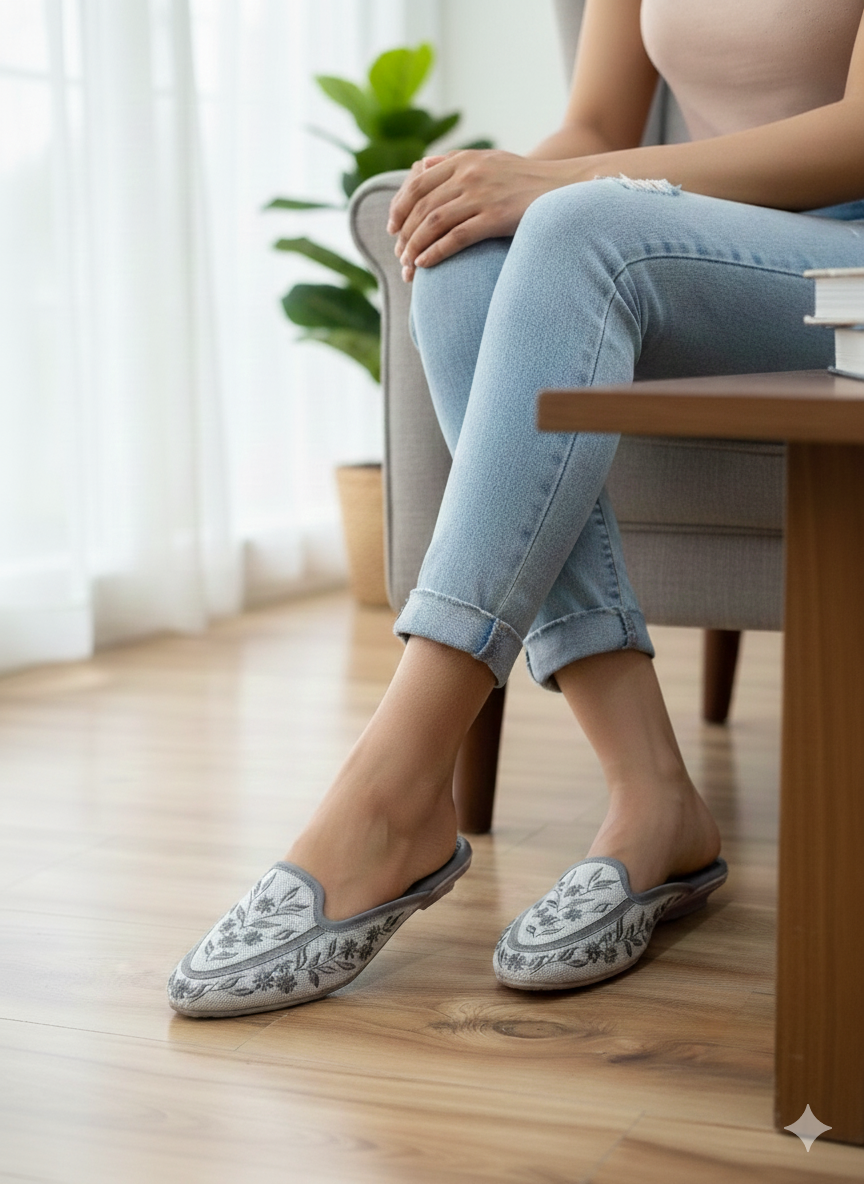 Flora Grey Embroidered Mules